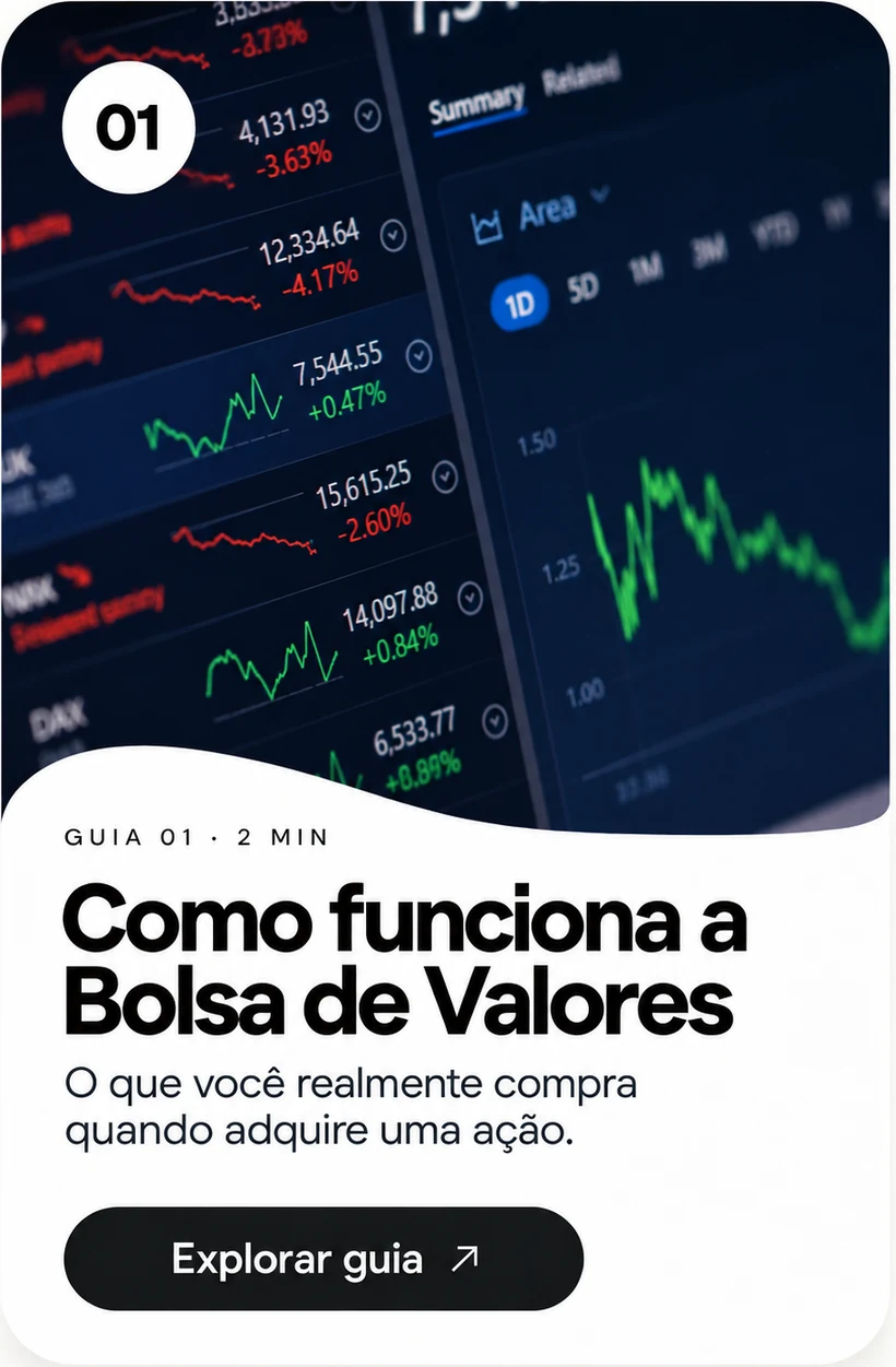 Card do guia Como funciona a Bolsa de Valores, com painel de dados do mercado