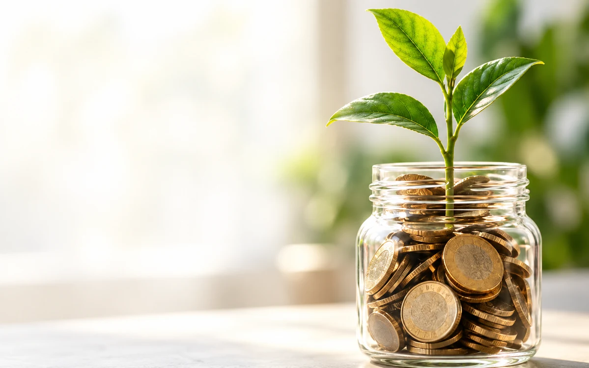 Pote com moedas e uma planta representando o crescimento da renda extra